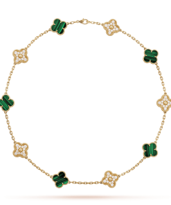 18K Vintage Alhambra Malachite Diamonds 10 Motifs Necklace